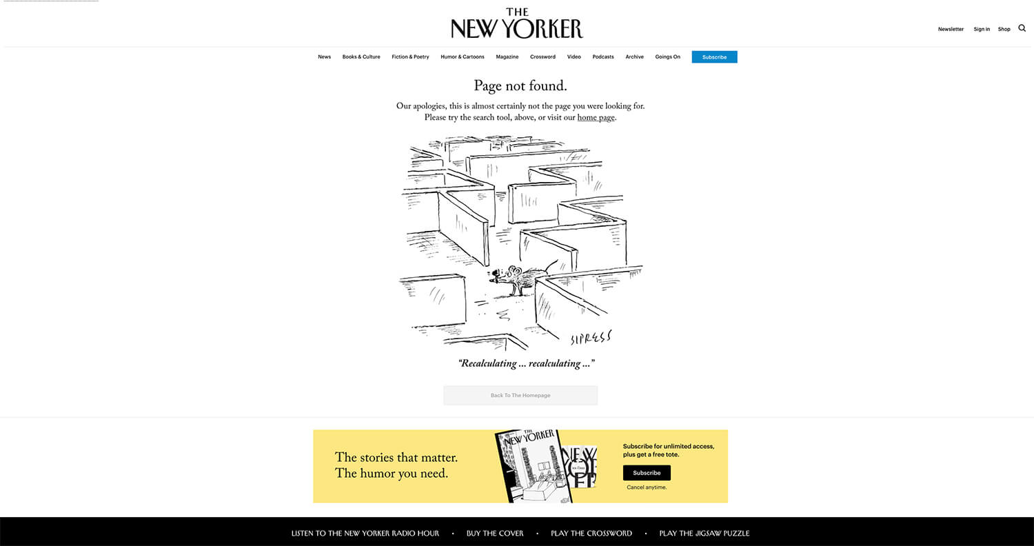 The New Yorker's 404 Page is one of 7 Creative 404 Pages & The Best Practices For Yours