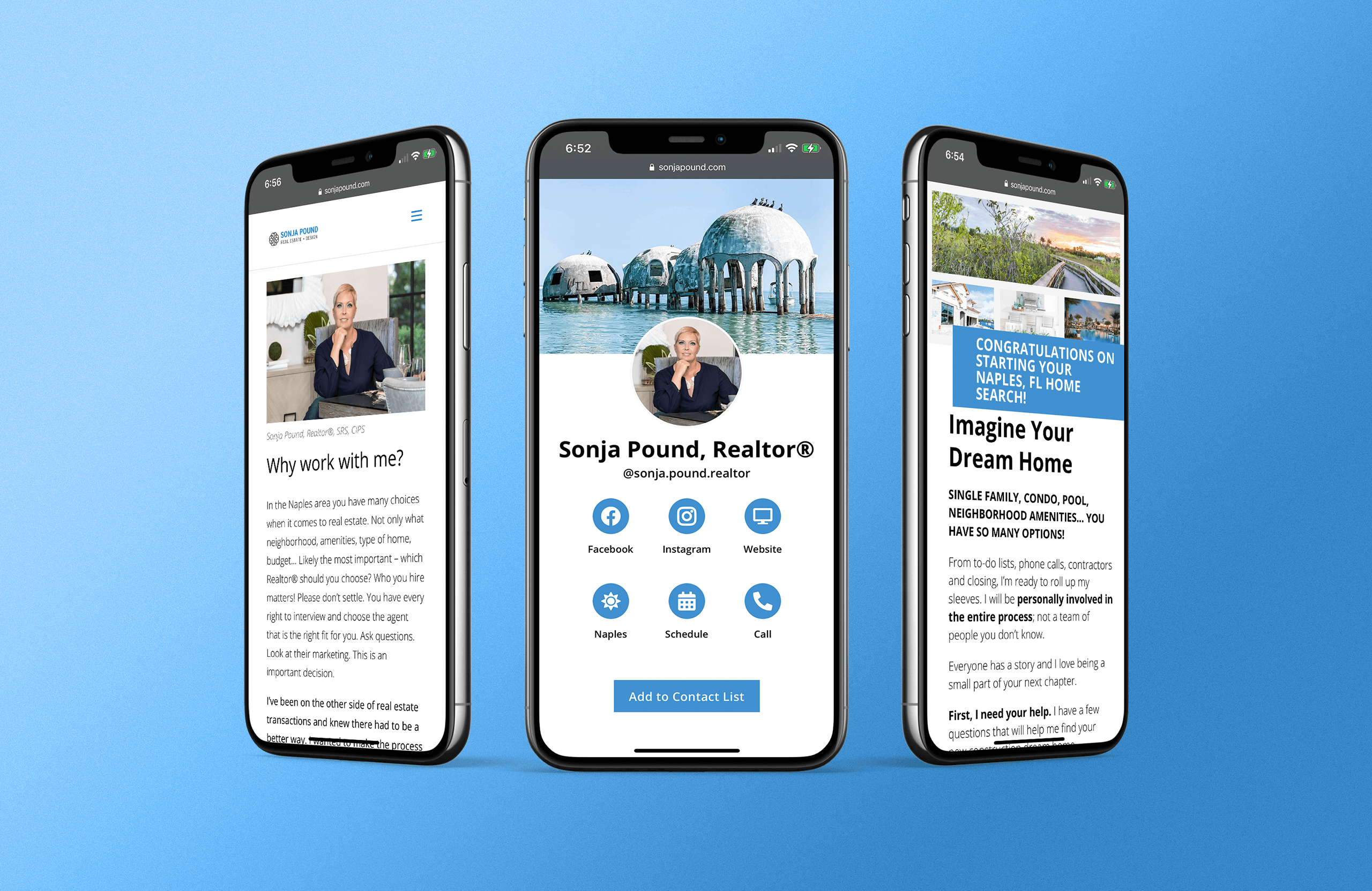 Sonja Pound Website Mobile About, Virtual Card, and Landing Pages by Garett Southerton, Creative Brand Strategist of Garett® based in Long Island, New York